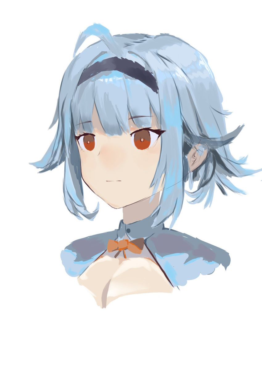 1girl bangs black_hairband blue_hair bow bowtie breasts closed_mouth cropped_torso eyebrows_visible_through_hair girls_frontline hairband highres looking_away orange_bow orange_bowtie red_eyes short_hair solo t91_(girls'_frontline) upper_body wh1te white_background