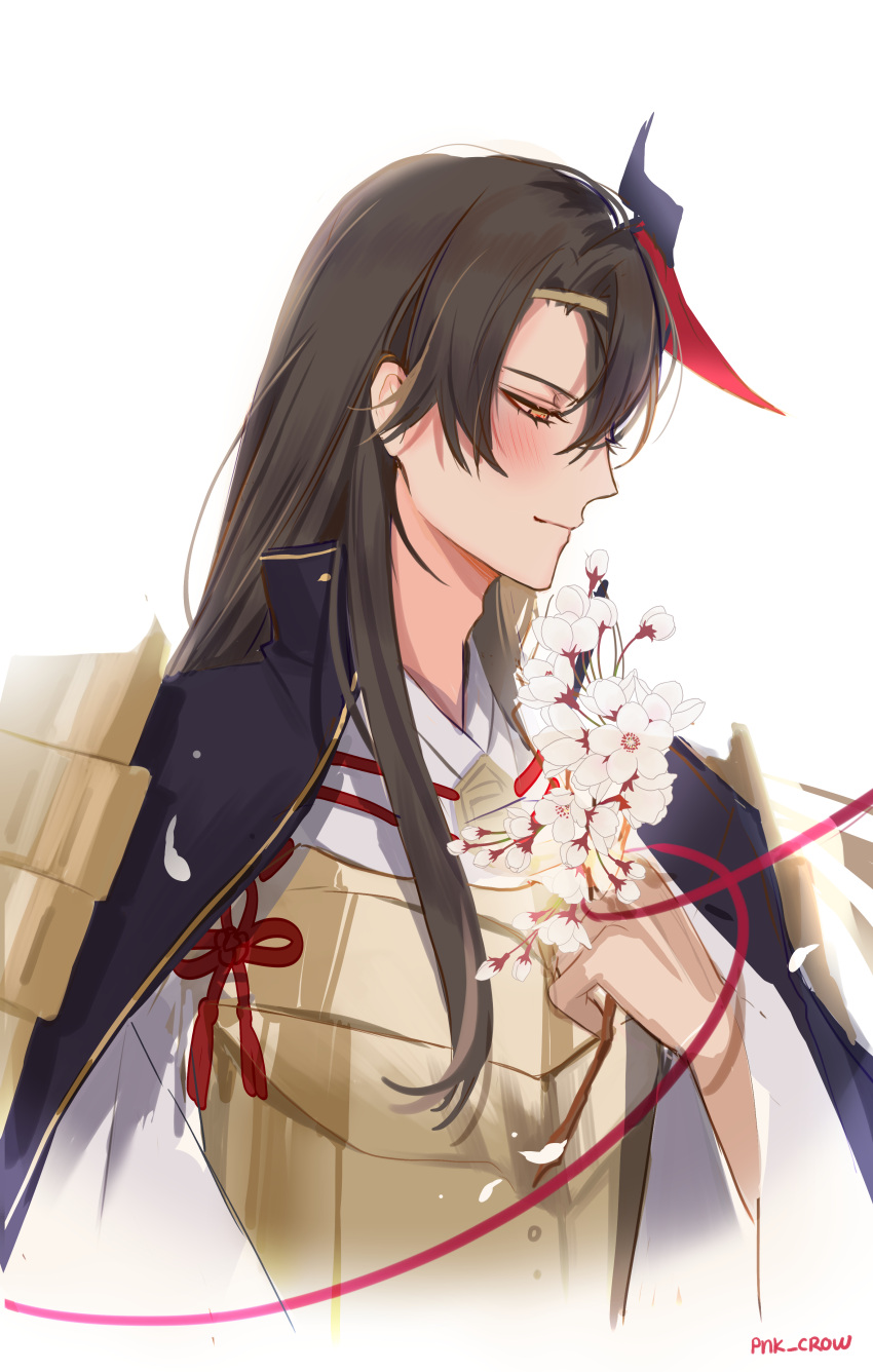 1boy absurdres armor artist_name bangs blush brown_eyes brown_hair character_request cherry_blossoms closed_mouth genshin_impact highres holding japanese_armor japanese_clothes long_hair long_sleeves pnk_crow simple_background solo white_background