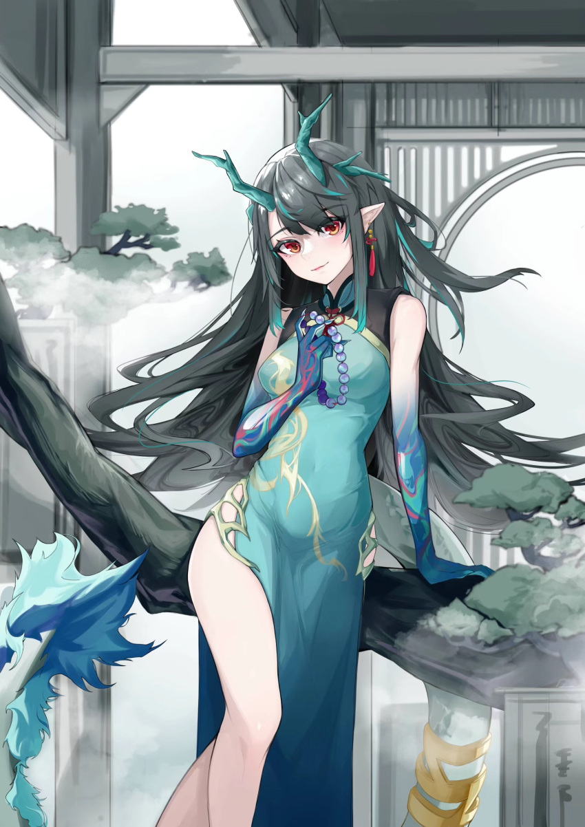 1girl arknights arm_support bangs bare_shoulders beads black_hair blue_dress blue_skin blush branch breasts closed_mouth colored_skin covered_navel dragon_girl dragon_horns dragon_tail dress dusk_(arknights) dusk_(everything_is_a_miracle)_(arknights) earrings eyebrows_visible_through_hair feet_out_of_frame fog gradient_skin green_hair head_tilt highres holding horns jewelry lipstick long_hair makeup multicolored_hair official_alternate_costume pelvic_curtain pointy_ears red_eyes sidelocks sleeveless sleeveless_dress small_breasts smile solo standing streaked_hair sue_yanagi-san tail tassel tassel_earrings two-tone_hair very_long_hair