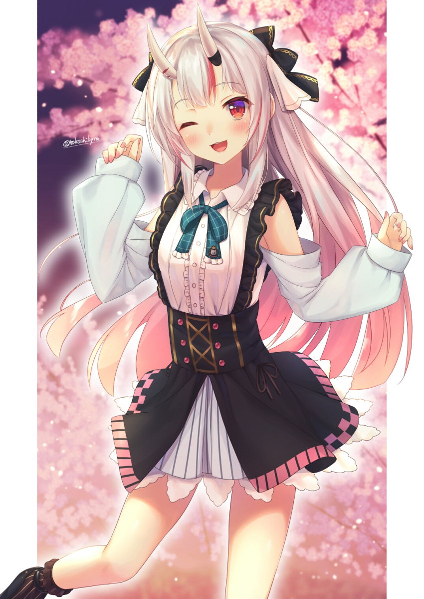 1girl bangs blonde_hair blush cherry_blossoms fang frills gradient_hair highres hololive horns multicolored_eyes multicolored_hair nakiri_ayame official_alternate_costume one_eye_closed oni_horns open_mouth pillarboxed pink_hair pink_nails red_eyes silver_hair smile solo thighs tokoshibyra twitter_username violet_eyes virtual_youtuber