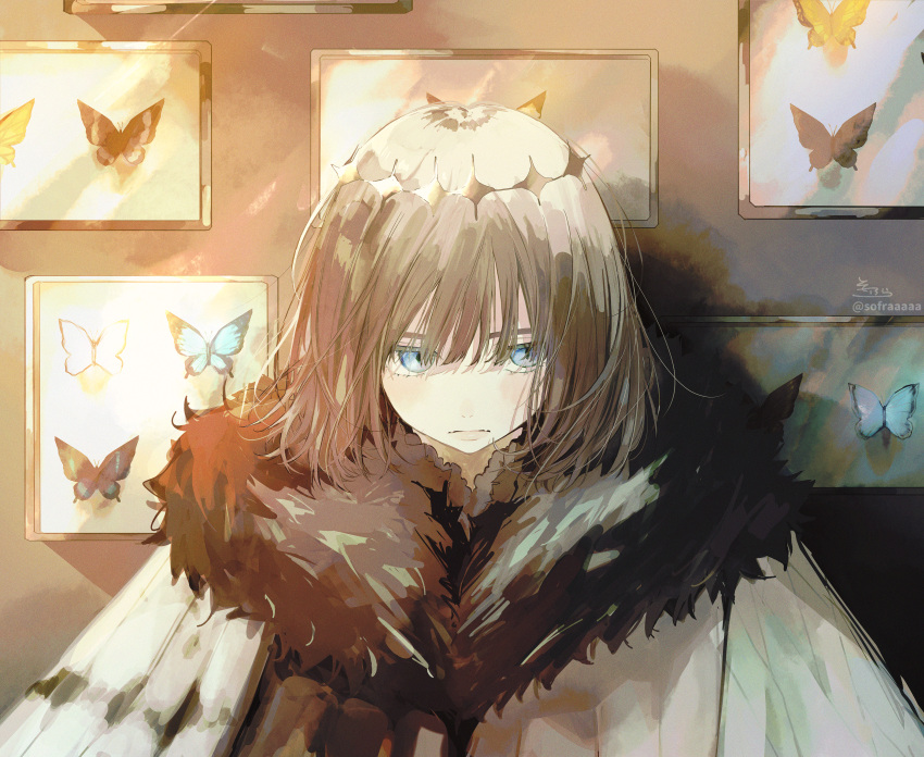 1boy absurdres bangs blue_eyes brown_hair bug butterfly cloak closed_mouth eyebrows_behind_hair fate/grand_order fate_(series) framed_insect fur-trimmed_cloak fur_trim hair_between_eyes hair_over_eyes highres insect_collection light_frown looking_away looking_to_the_side male_focus medium_hair oberon_(fate) sideways_glance signature sofra solo spoilers twitter_username upper_body white_cloak