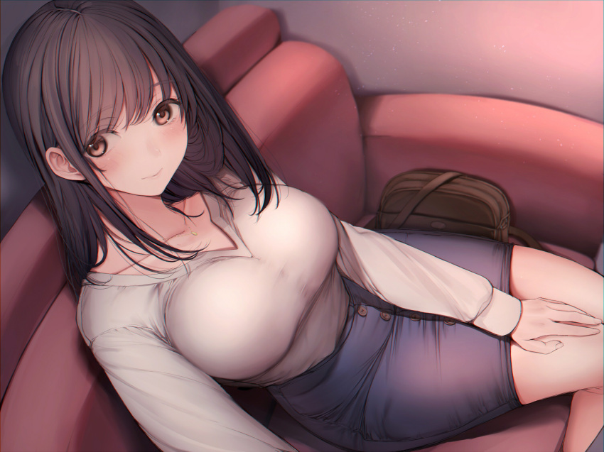 1girl amane_ruri bag bangs black_hair blue_skirt blush breasts brown_bag brown_eyes buttons closed_mouth collarbone commentary_request couch eyebrows_visible_through_hair eyes_visible_through_hair fisheye grey_shirt hand_on_own_leg handbag indoors large_breasts long_hair long_sleeves looking_at_viewer on_couch original shirt shirt_tucked_in sitting skirt solo straight_hair tareme taut_clothes taut_shirt