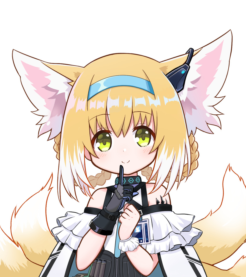 1girl animal_ears arknights bare_shoulders black_gloves blonde_hair blue_hairband blush braid dress earpiece eyebrows_visible_through_hair finger_to_mouth fox_ears fox_girl fox_tail gloves green_eyes hairband highres id_card index_finger_raised kitara_koichi kitsune looking_at_viewer multicolored_hair multiple_tails oripathy_lesion_(arknights) raised_eyebrows simple_background single_glove single_wrist_cuff smile solo streaked_hair suzuran_(arknights) tactical_clothes tail upper_body vest white_background white_dress white_hair white_wrist_cuffs wrist_cuffs