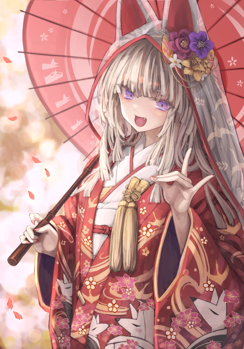 1girl :d animal_hood blurry blurry_background commentary_request copyright_request eyebrows_visible_through_hair falling_petals fang floral_print fox_hood fox_print fox_shadow_puppet hand_up highres holding holding_umbrella hood japanese_clothes kimono looking_at_viewer oil-paper_umbrella open_mouth osabachan petals red_nails smile solo standing thick_eyebrows umbrella upper_body violet_eyes