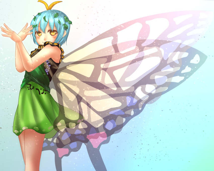 1girl antennae aqua_hair blush butterfly_wings closed_mouth dress eternity_larva eyebrows_visible_through_hair fairy gradient gradient_background green_dress hair_between_eyes highres leaf leaf_on_head multicolored_clothes multicolored_dress one-hour_drawing_challenge short_hair short_sleeves shounen_(hogehoge) smile solo touhou wings yellow_eyes
