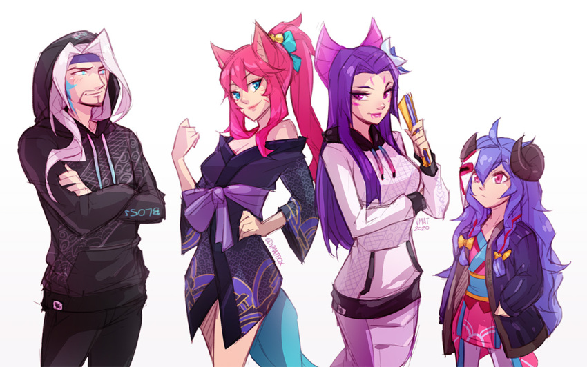 1boy 3girls ahoge ahri_(league_of_legends) alternate_costume bangs beard black_pants blue_eyes bow breasts cassiopeia_du_couteau cowboy_shot crossed_arms facial_hair green_bow grey_background hair_bow hood hood_down hood_up hoodie horns jacket japanese_clothes kimono kindred_(league_of_legends) lamb_(league_of_legends) league_of_legends looking_at_another looking_at_viewer medium_breasts multiple_girls open_clothes open_jacket pants simple_background smile spirit_blossom_(league_of_legends) spirit_blossom_ahri spirit_blossom_cassiopeia spirit_blossom_kindred spirit_blossom_yasuo vmat yasuo_(league_of_legends)