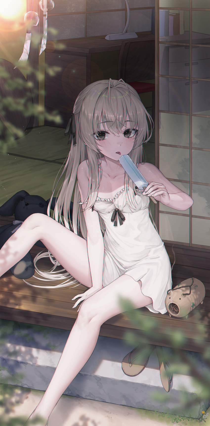 1girl :p absurdres bangs bare_arms bare_legs bare_shoulders blonde_hair blush breasts brown_eyes collarbone day desk dress eyebrows_visible_through_hair feet_out_of_frame food frilled_dress frills highres holding holding_food incense_burner kasugano_sora lens_flare long_hair looking_at_viewer on_floor outdoors popsicle shoes shoes_removed sitting sleeveless sleeveless_dress small_breasts solo strap_slip stuffed_animal stuffed_bunny stuffed_toy sundress tongue tongue_out very_long_hair white_dress wind_chime wooden_floor yjs0803123 yosuga_no_sora