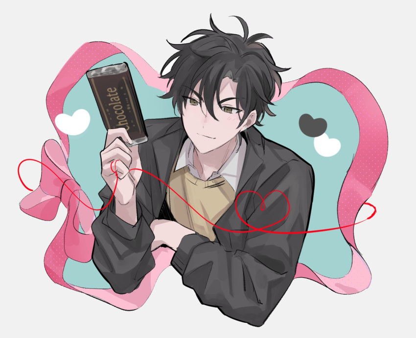 1boy black_hair black_jacket brown_eyes candy cheng_xiaoshi chocolate chocolate_bar closed_mouth food heart holding holding_chocolate holding_food jacket long_sleeves looking_at_viewer male_focus mr_yheu pink_ribbon ribbon shiguang_dailiren shirt short_hair simple_background smile solo string string_of_fate sweater_vest white_background white_shirt