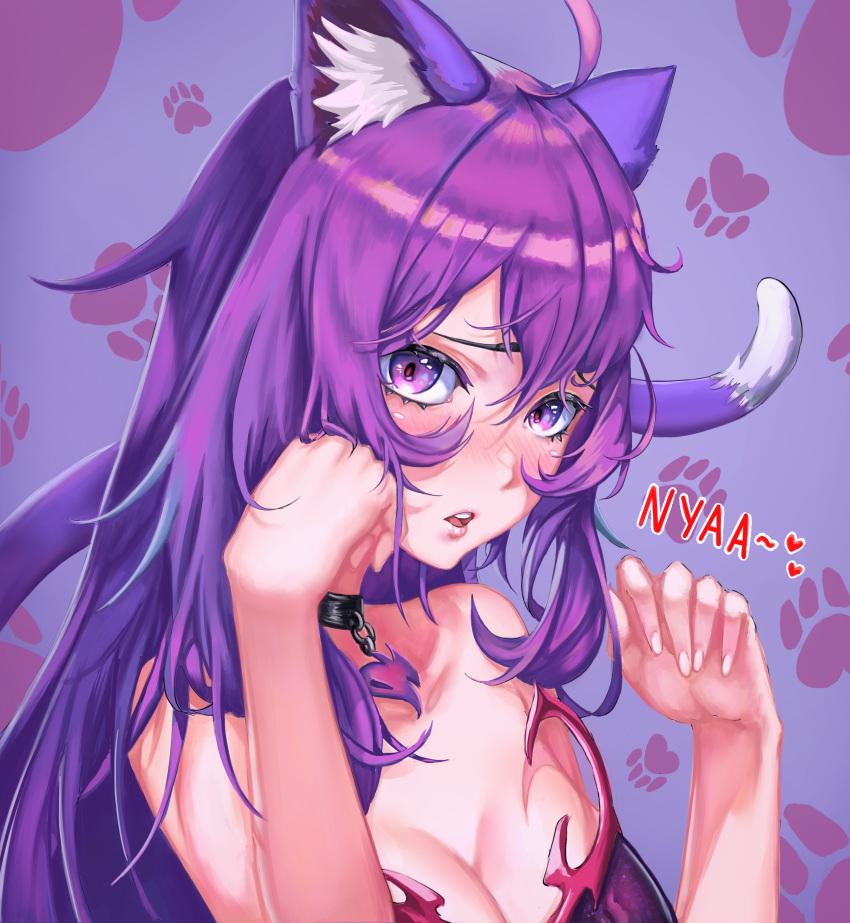 1girl absurdres alchemilla_menace animal_ears black_choker blush cat_ears cat_tail choker cyberlive english_commentary highres long_hair looking_at_viewer lunarisbloom paw_pose purple_hair simple_background solo tail violet_eyes