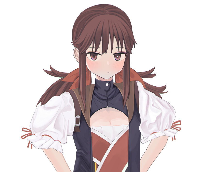 1girl bangs blush brown_hair closed_mouth commentary_request dress falcon_(girls'_frontline) girls_frontline long_hair red_eyes ribbon saiy0u sidelocks simple_background solo upper_body white_background