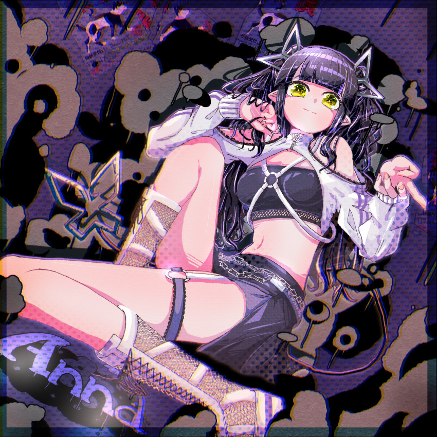 1girl bane_mk-2 bangs belt black_hair black_skirt black_tube_top blunt_bangs boots breasts chromatic_aberration closed_mouth clothing_cutout commentary_request demon_girl demon_horns demon_tail fishnet_footwear full_body highres horns jacket kojo_anna lace_trim long_hair long_sleeves looking_at_viewer loose_belt medium_breasts multicolored_hair official_alternate_costume pencil_skirt pointy_ears purple_belt purple_hair shoulder_cutout shrug_(clothing) skirt smile solo strapless sugar_lyric tail thigh_strap tube_top twintails two-tone_hair virtual_youtuber white_footwear white_jacket yellow_eyes