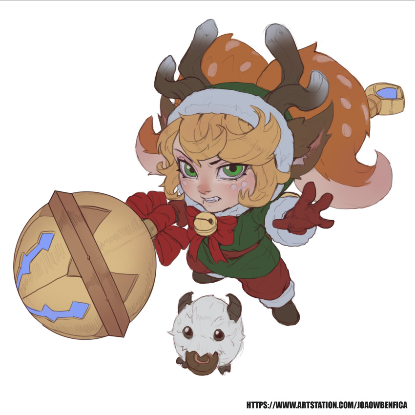 1girl absurdres animal_ears antlers arm_up bangs bell belt blonde_hair blush bow bowtie brown_footwear deer_ears deer_girl fang full_body gloves green_eyes green_headwear green_jacket grey_background highres holding holding_weapon jacket joaowbenfica league_of_legends neck_bell official_alternate_costume pants poppy_(league_of_legends) poro_(league_of_legends) red_belt red_bow red_bowtie red_gloves red_pants simple_background snow_fawn_poppy solo standing swept_bangs teeth twintails weapon web_address yordle