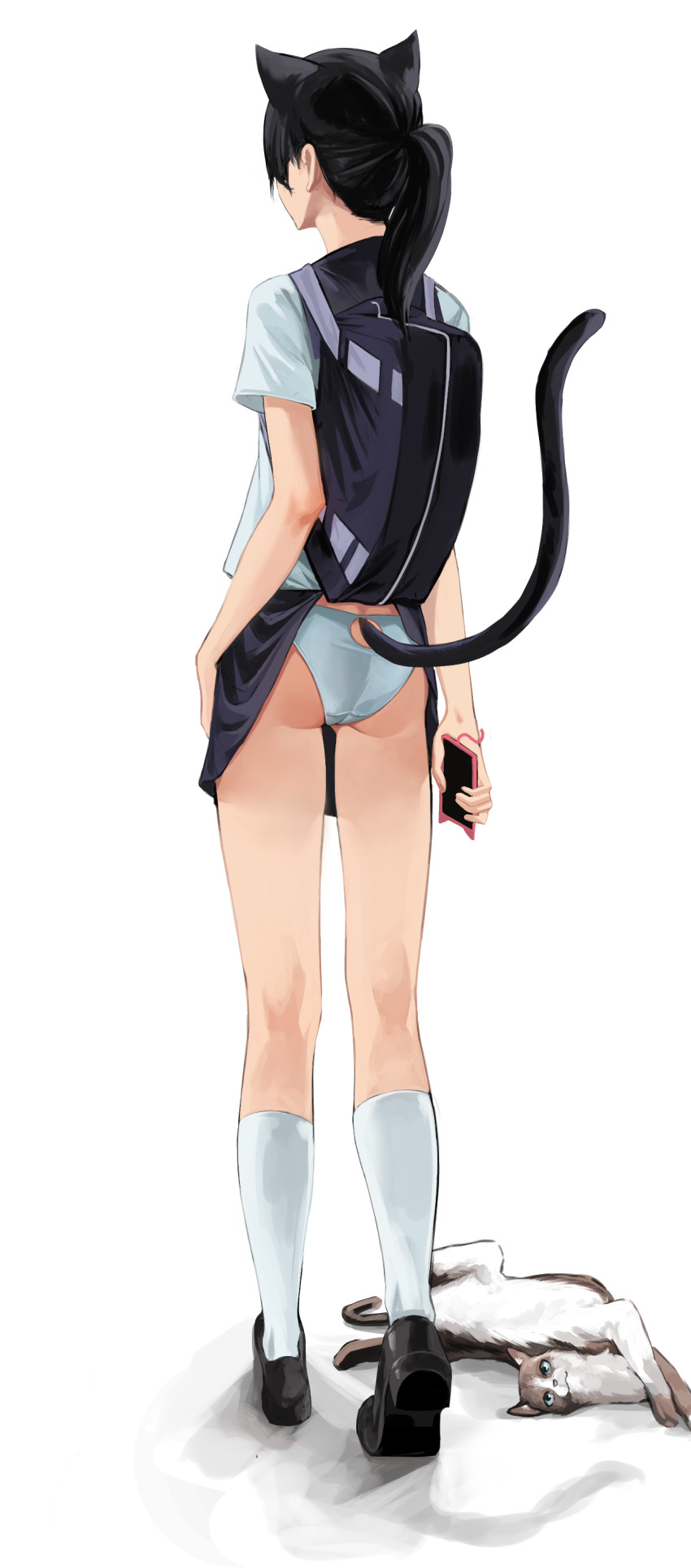 1girl absurdres animal_ears backpack bag black_footwear black_hair blue_skirt cat cat_ears cat_girl cat_tail cellphone clothes_lift doroti. extra_ears facing_away from_behind full_body highres holding holding_phone kneehighs long_hair original panties phone phone_with_ears ponytail school_uniform shirt shoes short_sleeves simple_background skirt skirt_lift smartphone solo standing tail tail_raised tail_through_clothes underwear white_background white_legwear white_panties white_shirt