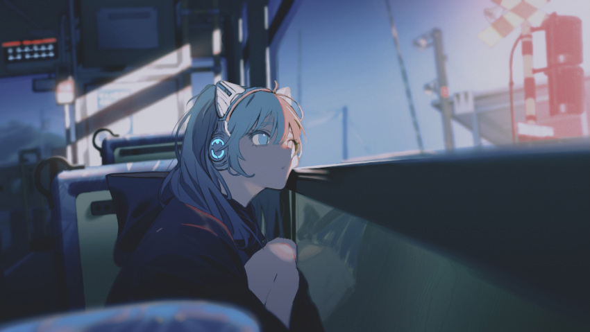 1girl absurdres aqua_eyes aqua_hair black_hoodie bus_interior cat_ear_headphones commentary dawn fukurou_(l_fukurou) hatsune_miku headphones highres hood hoodie knee_up railroad_crossing scenery sitting solo traffic_light vehicle_interior vocaloid