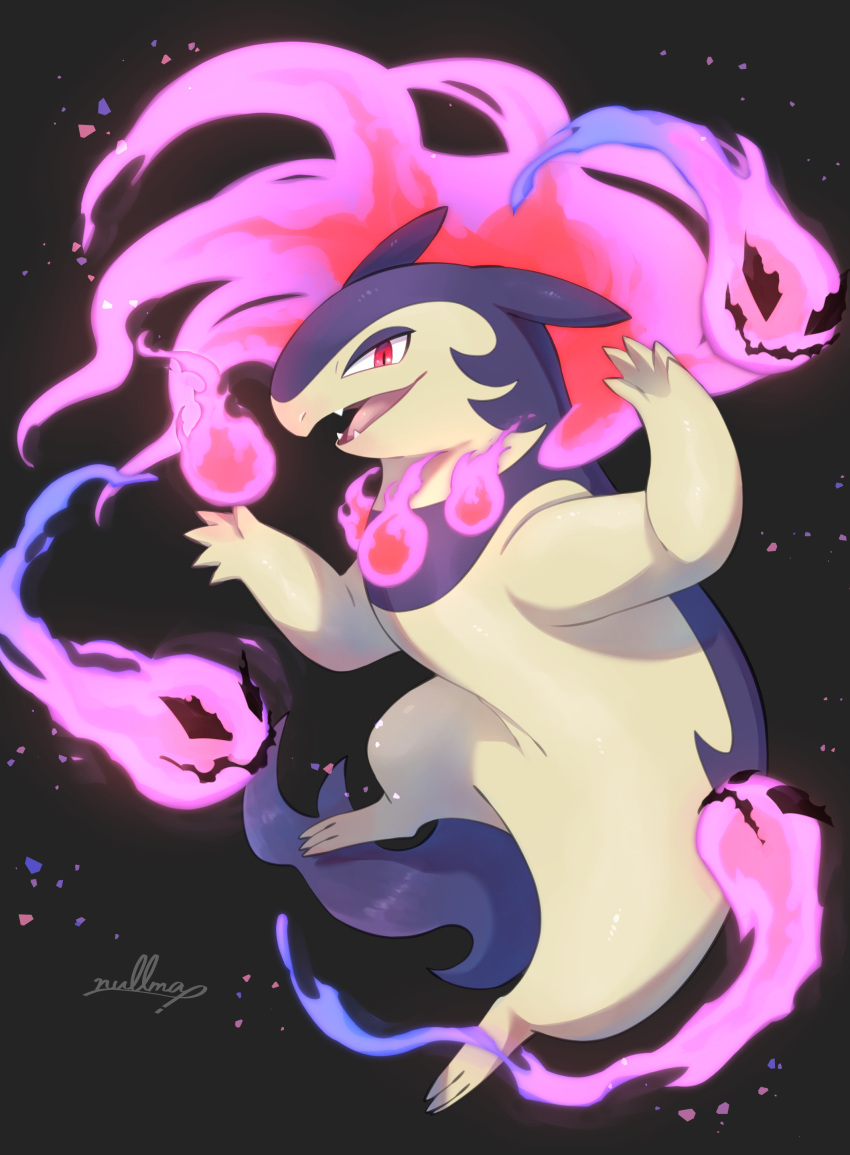absurdres commentary_request fangs fire hands_up highres hisuian_typhlosion looking_at_viewer nullma open_mouth pink_fire pokemon pokemon_(creature) red_eyes signature solo toes tongue