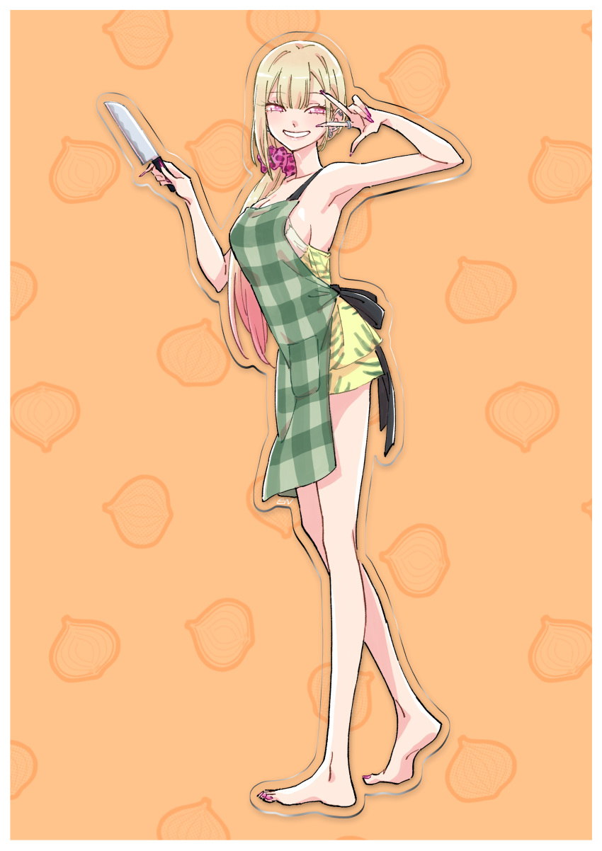 1boy absurdres apron arms_up bare_legs barefoot blonde_hair ear_piercing fake_nails highres jewelry kitagawa_marin knife multicolored_hair nightgown nishihara_erika official_alternate_costume official_alternate_hairstyle official_art onion patterned_background patterned_clothing piercing pink_hair ponytail red_eyes ring round_teeth scrunchie smile sono_bisque_doll_wa_koi_wo_suru teeth v