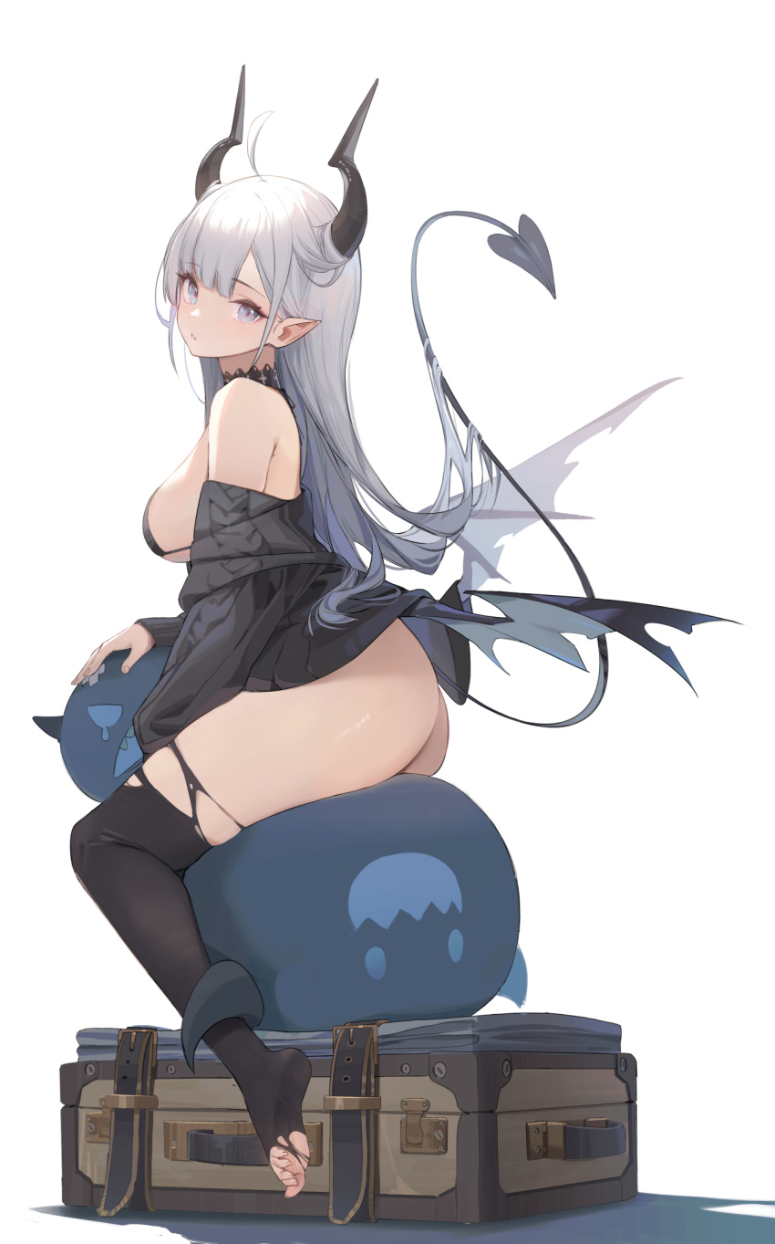 1girl ahoge ass black_bra black_legwear black_sweater blue_eyes bra breasts creature demon_girl demon_horns demon_tail highres horns large_breasts long_hair looking_at_viewer nekojira off_shoulder original pointy_ears revision sitting solo suitcase sweater tail thea_(nekojira) thigh-highs thighs torn_clothes torn_legwear underwear white_background white_hair wings