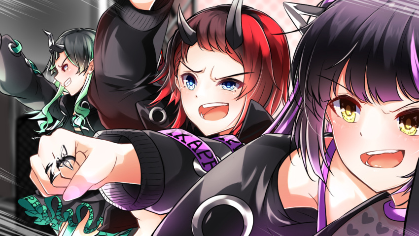 3girls bangs belt black_hair black_jacket black_shirt black_skirt blue_belt blue_eyes blue_hair blunt_bangs blush chest_belt clenched_hand commentary_request dameyoshi demon_girl demon_horns dutch_angle eyebrows_visible_through_hair grin heart heart_print horns jacket jewelry kojo_anna long_hair long_sleeves looking_afar motion_lines multicolored_hair multiple_girls off_shoulder open_clothes open_jacket open_mouth pink_hair pointy_ears print_shirt red_eyes redhead ring russian_text ryugasaki_rene see-through_shirt shirt shishio_chris short_hair skirt sleeveless sleeveless_shirt smile sugar_lyric twintails two-tone_hair virtual_youtuber yellow_eyes