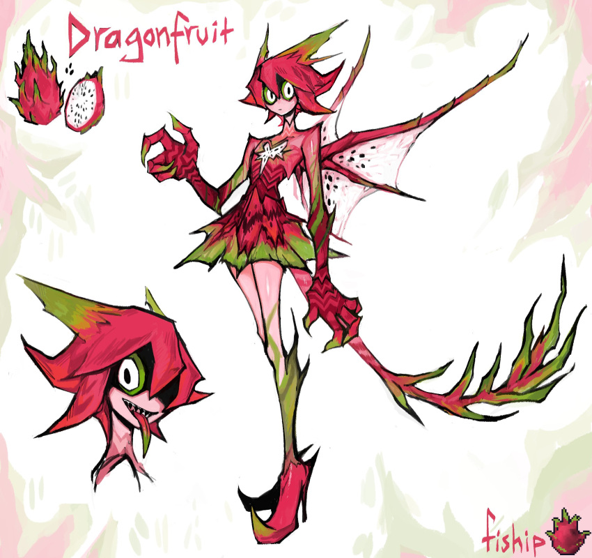 1girl animal_hands claws closed_mouth colored_skin colored_tongue dragon_fruit green_tongue hair_between_eyes high_heels highres looking_at_viewer matilda_fiship multiple_views original personification pink_hair pink_skin signature smile tail tongue tongue_out wings