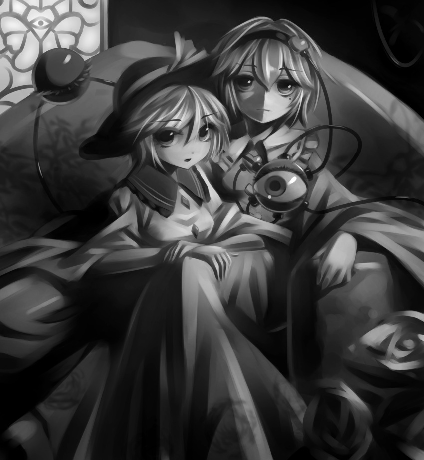2girls absurdres blouse buttons closed_mouth couch diamond_button eyebrows_visible_through_hair floral_print frilled_shirt_collar frills greyscale hair_between_eyes hair_ornament hairband hat hat_ribbon heart heart_button heart_hair_ornament highres komeiji_koishi komeiji_satori light_frown long_sleeves looking_at_another looking_at_viewer lying_on_lap lying_on_person mole monochrome mukago_(nemo1729) multiple_girls on_couch open_mouth own_hands_together ribbon ribbon_trim rose_print short_hair siblings sisters sitting skirt stained_glass third_eye touhou wide_sleeves