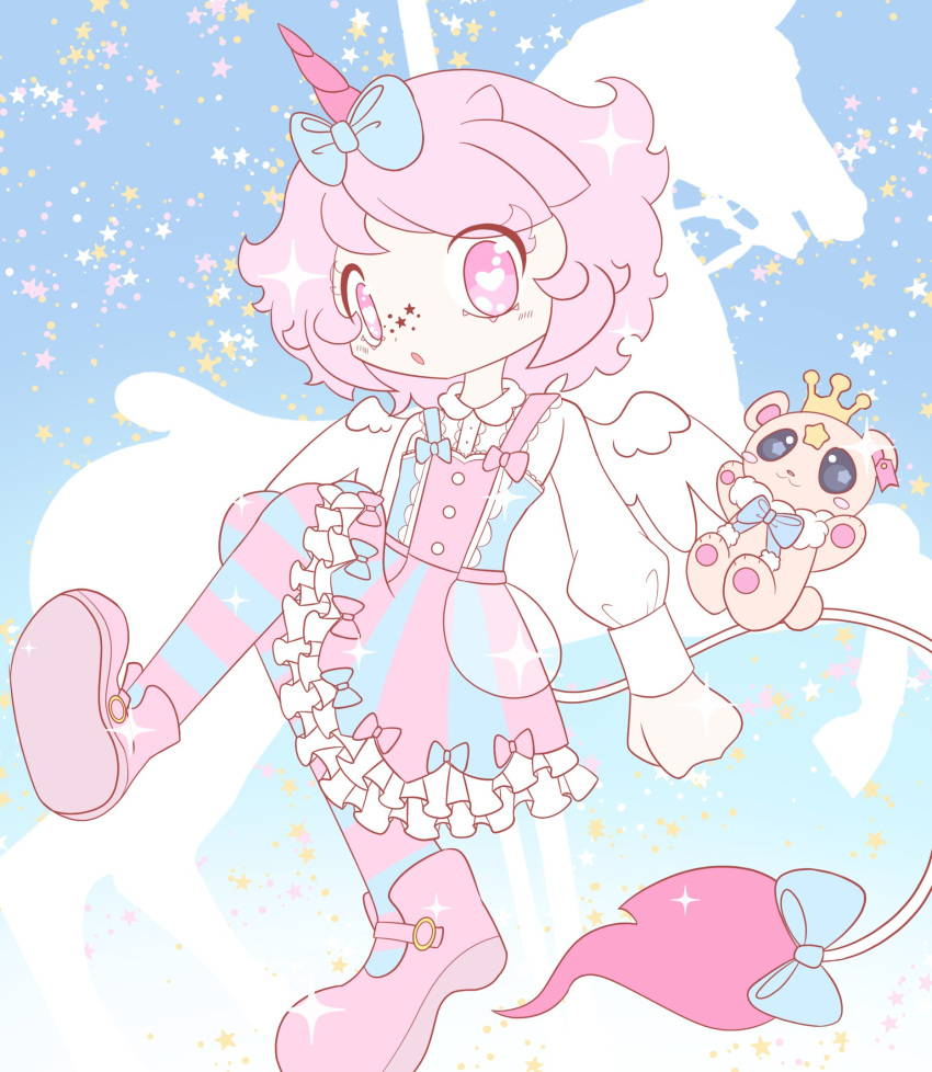 1boy androgynous bow dream_e freckles hair_bow highres horns horse_tail looking_at_viewer pale_skin pastel_colors pink_eyes pink_hair single_horn star_(symbol) storytelleryuni stuffed_animal stuffed_toy tail teddy_bear unicorn unicorn_boy virtual_youtuber yuni_the_storyteller