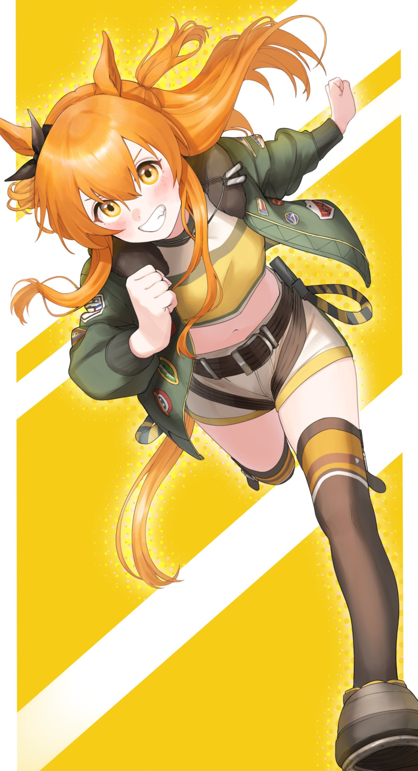1girl absurdres animal_ears bangs belt black_legwear blush bomber_jacket clenched_hands crop_top dog_tags ear_bow floating_hair green_jacket grin highres horse_ears horse_girl horse_tail jacket long_hair long_sleeves looking_at_viewer mayano_top_gun_(umamusume) midriff navel open_mouth orange_hair running shirt shoes short_shorts shorts smile solo symbol-only_commentary tail tamayume teeth thigh-highs two_side_up umamusume v-shaped_eyebrows white_shorts yellow_eyes