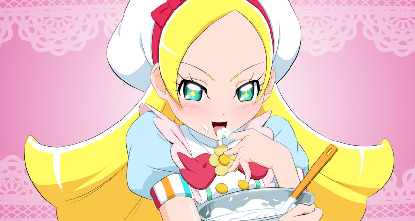 1girl blonde_hair bowl cream cream_on_face eating food food_on_face fuchi_(nightmare) gradient gradient_background green_eyes kirahoshi_ciel kirakira_precure_a_la_mode lace_background licking licking_finger long_hair looking_at_viewer mixing_bowl open_mouth pink_background precure puffy_short_sleeves puffy_sleeves short_sleeves solo upper_body whipped_cream whisk