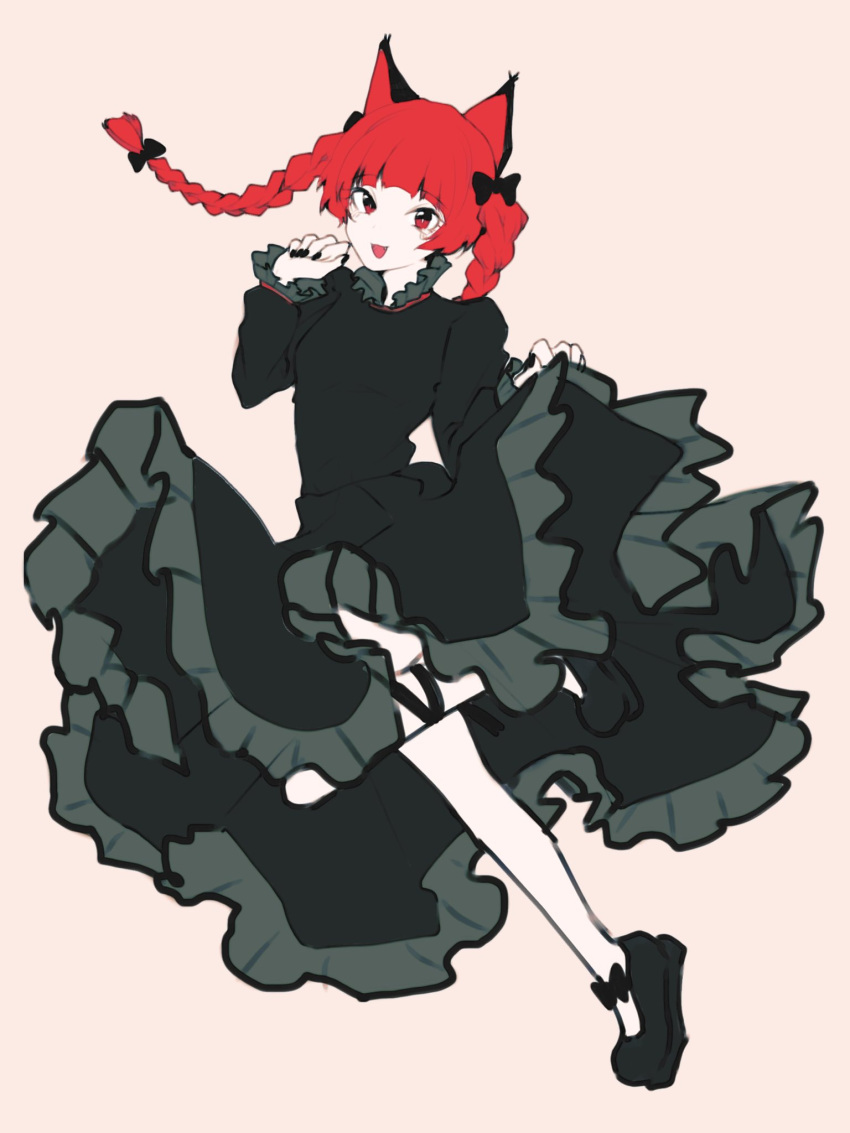 1girl :d animal_ears bangs black_bow black_footwear black_nails black_ribbon blunt_bangs bow braid breasts cat_ears dress eyebrows_visible_through_hair floating_hair footwear_bow frills full_body green_dress hair_bow hair_ribbon hands_up highres kaenbyou_rin leg_ribbon long_hair looking_at_viewer nail_polish open_mouth pink_background red_eyes redhead ribbon simple_background sketch small_breasts smile solo somei_ooo standing standing_on_one_leg touhou tress_ribbon twin_braids twintails