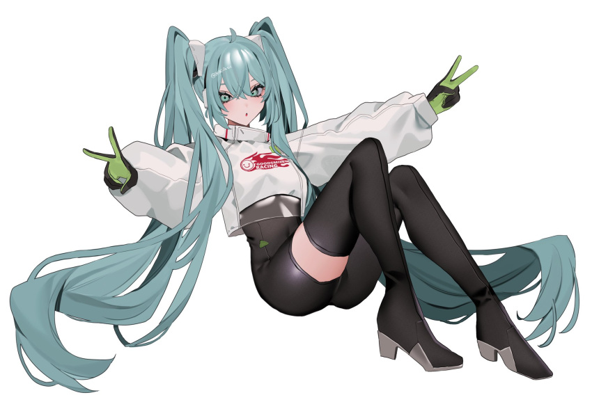 :o ahoge bangs bebe_pp black_legwear blue_eyes blue_hair bodystocking commentary covered_navel cropped_jacket crossed_bangs double_v gloves green_gloves hair_between_eyes hatsune_miku high_heels highres jacket knees_up long_hair long_sleeves open_mouth outstretched_arms simple_background thigh-highs twintails v very_long_hair vocaloid white_background white_jacket