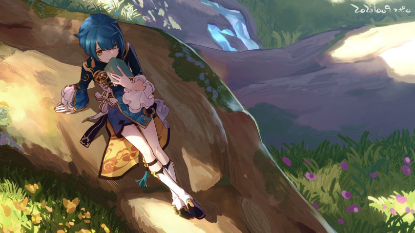 1boy apollo_hotori arm_support asymmetrical_bangs bangs blue_coat blue_hair blue_shorts book boots coat commentary earrings flower frilled_sleeves frills from_above genshin_impact grass high_heels holding holding_book jewelry long_coat long_sleeves looking_at_viewer short_hair shorts single_earring sitting smile tree wide_sleeves xingqiu_(genshin_impact) yellow_eyes