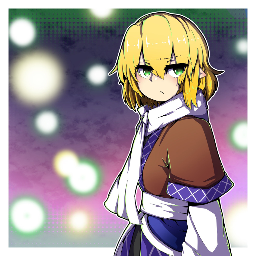 1girl bangs blonde_hair blurry blurry_background border closed_mouth eyebrows_visible_through_hair from_side green_eyes hair_between_eyes highres hurin_raika looking_at_viewer mizuhashi_parsee multicolored_clothes pointy_ears scarf short_hair short_sleeves solo standing touhou upper_body white_border white_scarf