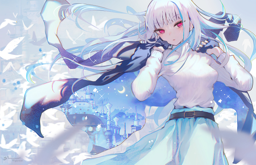 1girl blue_hair coat coat_on_shoulders colored_inner_hair crescent_moon eyelashes inaeda_kei lize_helesta moon multicolored_hair nijisanji solo virtual_youtuber white_hair wind