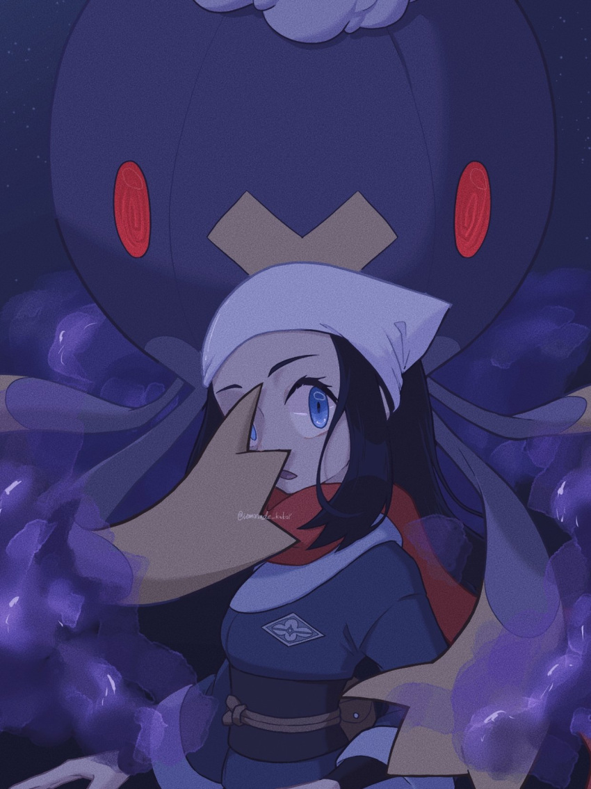 1girl akari_(pokemon) bag black_hair black_undershirt blue_eyes covering_mouth cross drifblim floating galaxy_expedition_team_survey_corps_uniform glowing hand_over_another's_mouth head_scarf highres japanese_clothes lemonade_kokoi looking_to_the_side open_mouth outdoors pokemon pokemon_(creature) pokemon_(game) pokemon_legends:_arceus red_eyes red_scarf scarf sky standing star_(sky) starry_sky surprised upper_body