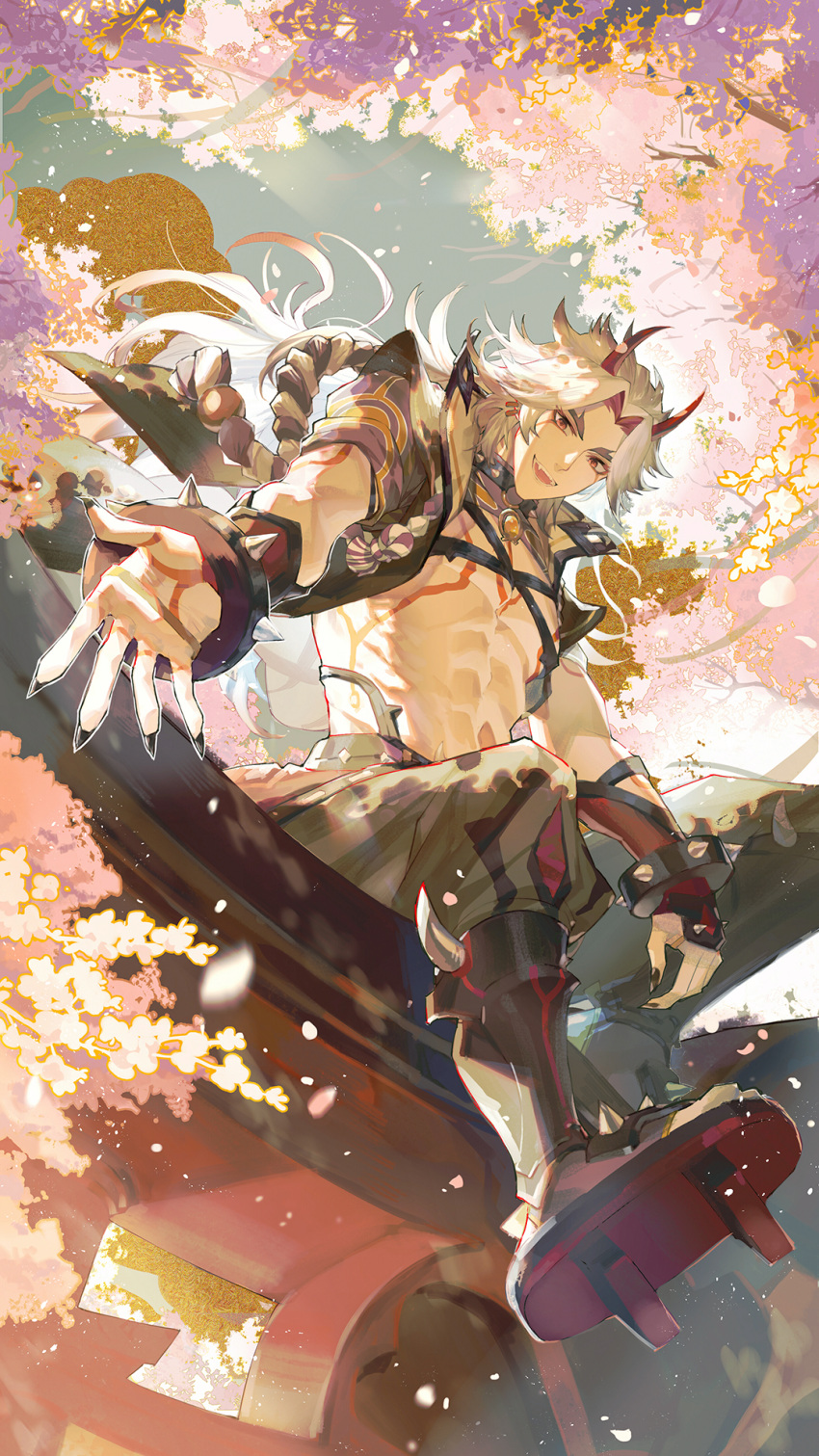 1boy abs arataki_itto architecture black_nails body_markings cherry_blossoms choker cytosinee dappled_sunlight day east_asian_architecture from_below genshin_impact geta highres horns japanese_clothes long_hair looking_at_viewer looking_down male_focus muscular muscular_male oni oni_horns outstretched_hand red_horns sitting solo spiked_choker spikes sunlight torii white_hair
