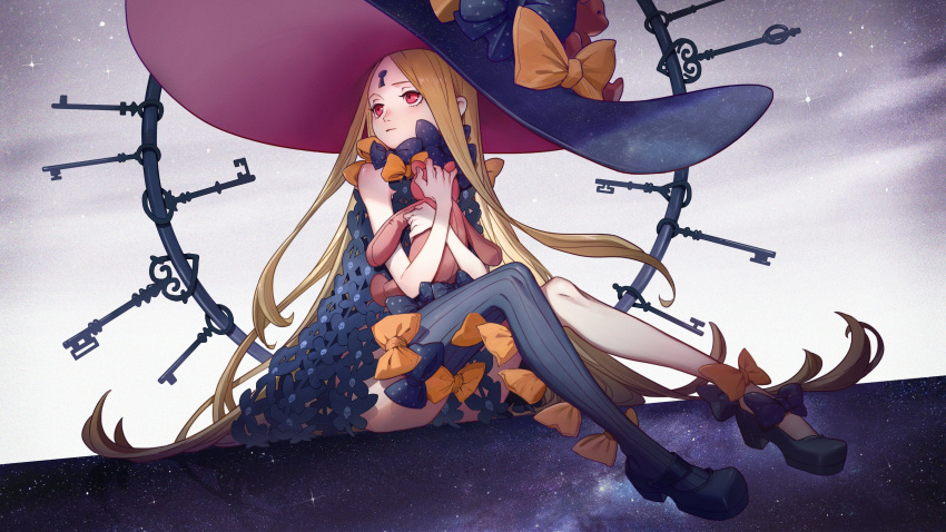 1girl abigail_williams_(fate) absurdres bangs black_bow black_dress black_headwear blonde_hair bow clouds cloudy_sky dress fate/stay_night fate_(series) forehead hair_bow hat highres key keyhole kuzen long_hair looking_to_the_side multiple_bows multiple_hair_bows orange_bow parted_bangs polka_dot polka_dot_bow purple_bow red_eyes sitting sky solo stuffed_toy underwear very_long_hair witch_hat