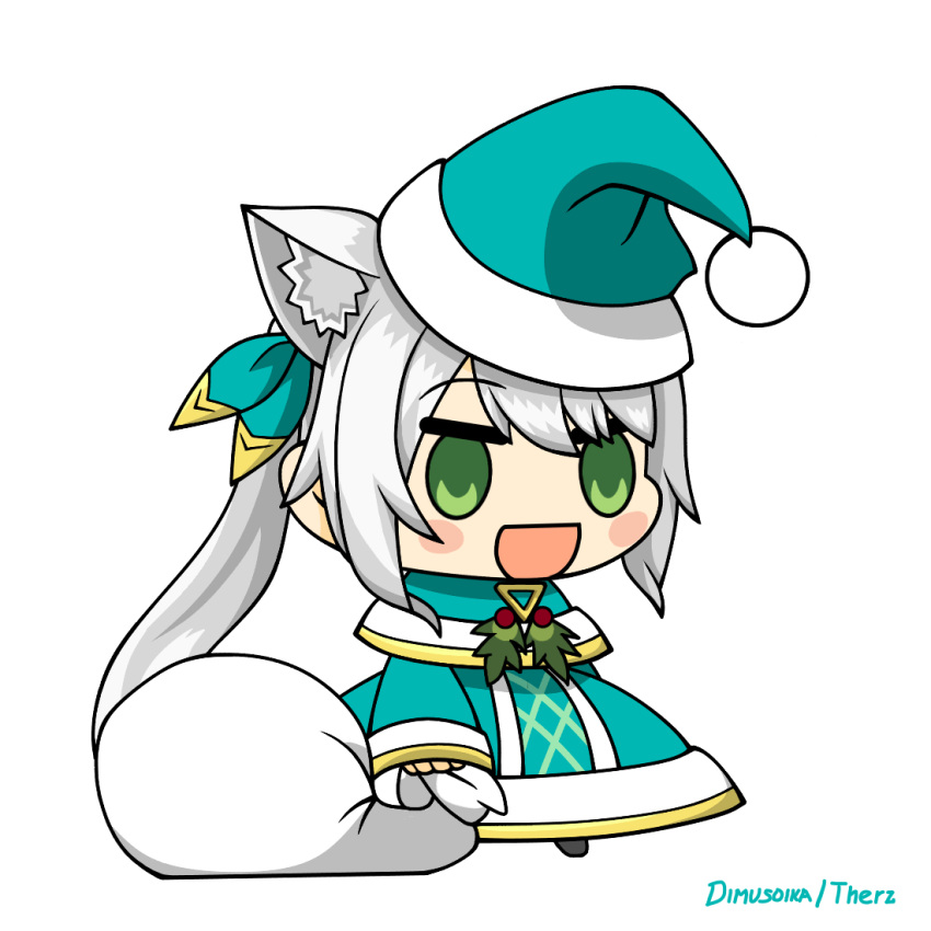 1girl :d bangs black_footwear blush bow capelet chibi commentary dimusoika dress eyebrows_visible_through_hair fur-trimmed_capelet fur_trim gift_bag gold_trim green_bow green_capelet green_dress green_eyes green_headwear green_santa_costume hair_bow hat hizuki_miu holding holding_sack holly long_hair long_sleeves meme open_mouth padoru_(meme) sack santa_costume santa_dress santa_hat side_ponytail sidelocks signature silver_hair smile solo standing transparent_background triangle very_long_hair virtual_youtuber wactor_production