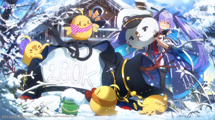 1girl :x azur_lane beanie black_coat black_legwear black_necktie bucket character_snowman coat coin enterprise_(azur_lane) essex_(azur_lane) hair_ribbon hat heart holding holding_heart kagura_kurosaki long_hair manjuu_(azur_lane) milestone_celebration necktie one_eye_closed open_clothes open_coat orange_eyes orange_scarf outdoors pantyhose peaked_cap pink_scarf purple_coat purple_hair purple_headwear red_necktie ribbon scarf second-party_source snow snowman solo star_(symbol) star_print striped striped_scarf tripping twintails very_long_hair white_headwear