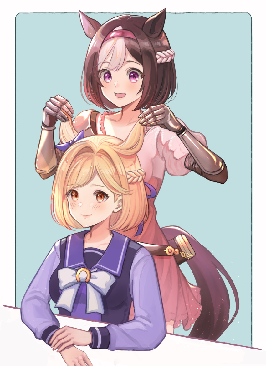 2girls animal_ears blonde_hair blue_ribbon brown_eyes brown_hair commentary_request company_connection cosplay costume_switch cowboy_shot djeeta_(granblue_fantasy) djeeta_(granblue_fantasy)_(cosplay) dress gauntlets granblue_fantasy hairband highres holding holding_clothes horse_ears horse_girl horse_tail multiple_girls pink_dress pink_hairband purple_sailor_collar ribbon sailor_collar school_uniform serafuku short_hair sidelocks special_week_(umamusume) special_week_(umamusume)_(cosplay) standing tail takanishi_takashi tracen_school_uniform umamusume violet_eyes winter_uniform