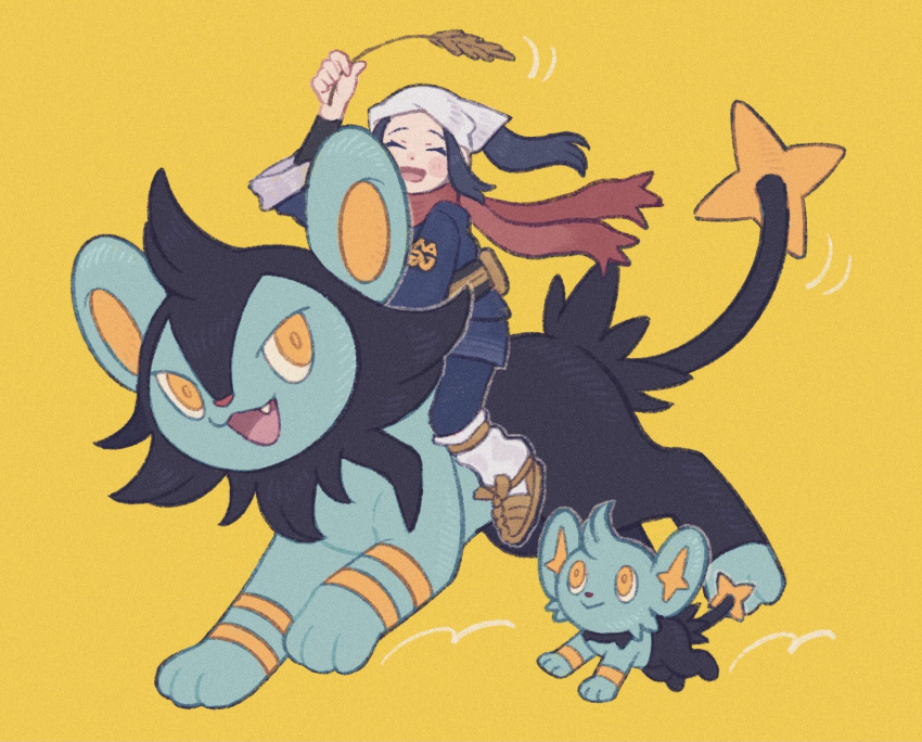 1girl :d akari_(pokemon) black_hair black_legwear black_shirt blush_stickers brown_footwear closed_eyes commentary_request grey_jacket grey_skirt head_scarf highres holding jacket long_hair loose_socks luxio mt_kkrd open_mouth pantyhose pokemon pokemon_(creature) pokemon_(game) pokemon_legends:_arceus ponytail riding riding_pokemon shinx shirt shoes sidelocks simple_background skirt smile tongue white_headwear white_legwear yellow_background