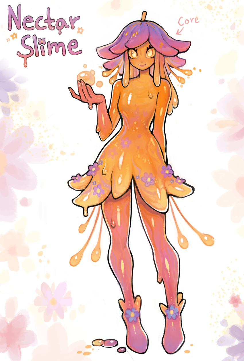 1girl absurdres closed_mouth colored_sclera dress full_body hand_up highres looking_at_viewer matilda_fiship monster_girl orange_dress orange_eyes orange_sclera original purple_hair short_dress slime_girl smile solo standing