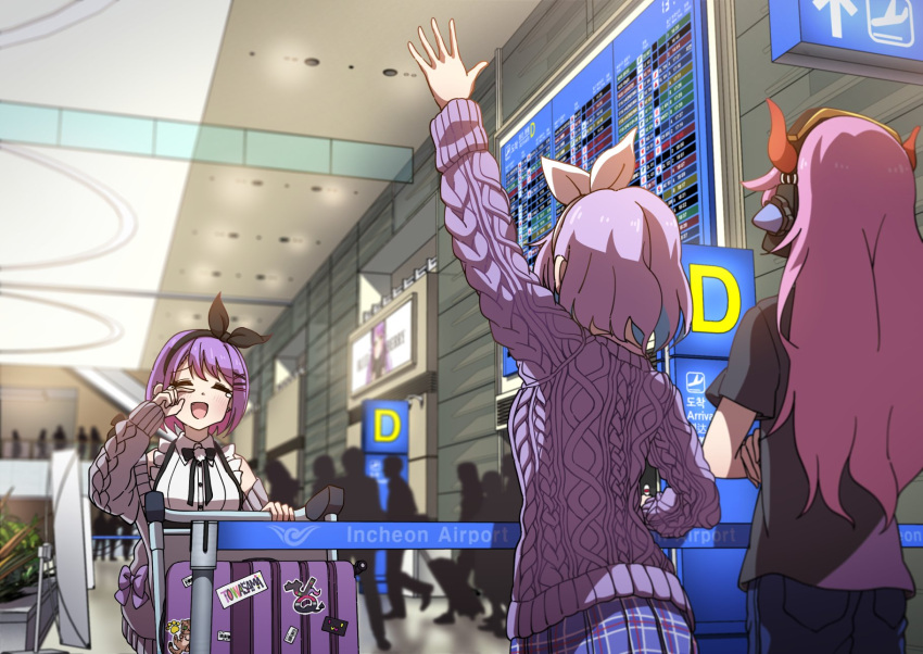 3girls airport arm_up black_bow black_bowtie blurry blurry_background blush bow bow_hairband bowtie breasts buttons buwonte closed_mouth collared_shirt crazy_raccoon crossed_arms english_commentary hair_ornament hairband headphones highres hololive indoors long_hair long_sleeves medium_breasts multiple_girls nijisanji nijisanji_kr nun_bora open_mouth people pink_hair plaid plaid_skirt plant pleated_skirt purple_hair purple_sweater pushcart selly55 shirt short_hair skirt stanchion suitcase sweater tearing_up tears tokoyami_towa waving white_shirt wiping_tears x_hair_ornament
