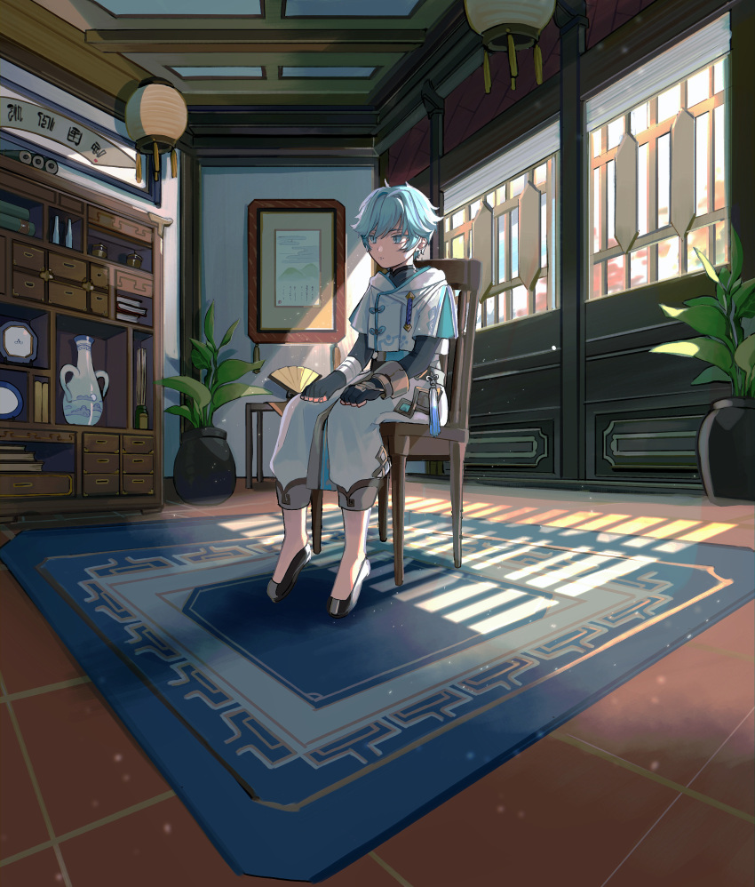 1boy absurdres bishounen blue_hair chinese_clothes chongyun_(genshin_impact) commentary_request day genshin_impact highres indoors male_focus nakura_hakuto plant potted_plant rug short_hair sunlight window