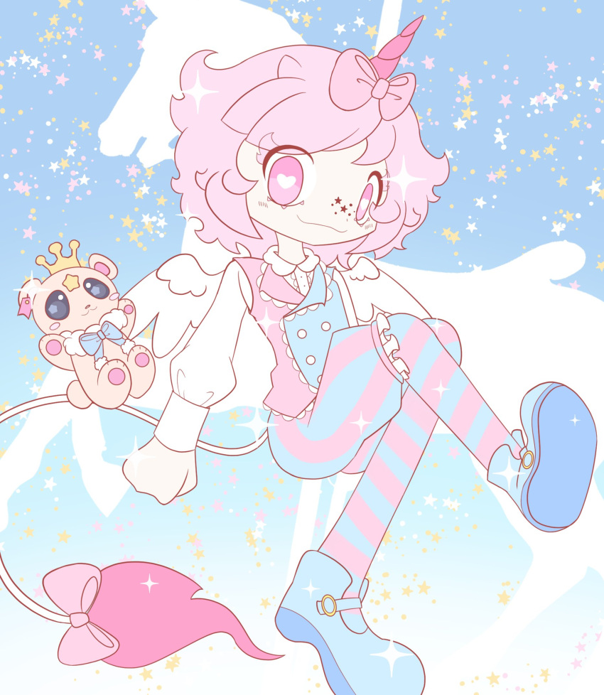 1boy androgynous bow dream_e freckles hair_bow highres horns horse_tail looking_at_viewer pale_skin pastel_colors pink_eyes pink_hair single_horn star_(symbol) storytelleryuni stuffed_animal stuffed_toy tail teddy_bear unicorn unicorn_boy virtual_youtuber yuni_the_storyteller