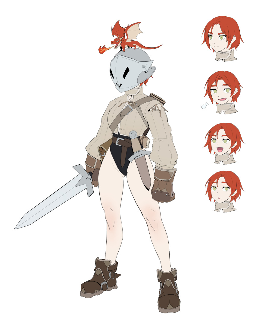 1girl :d bangs belt breasts brown_belt brown_footwear brown_gloves clenched_hand dagger dongho_kang dragon fire full_body gloves helm helmet highres knife long_sleeves medium_breasts original redhead short_hair small_dragon smile solo standing weapon