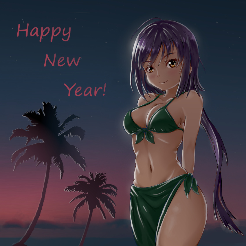 1girl ahoge arms_behind_back bikini black_bikini blush breasts english_commentary english_text front-tie_top groin happy_new_year highres long_hair looking_at_viewer medium_breasts midriff navel nengajou new_year night night_sky palm_tree purple_hair sarong sky smile solace solo swimsuit tokyo_ravens tree tsuchimikado_natsume