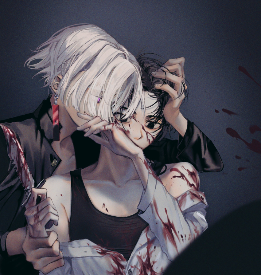 2boys bangs black_background black_hair black_jacket blood blood_on_clothes blood_on_face blood_splatter earrings empty_eyes hand_on_another's_head hand_up highres holding_another's_arm jacket jewelry kurokawa_izana long_sleeves male_focus multiple_boys off_shoulder pago0024 sano_manjirou shirt short_hair single_earring tank_top tokyo_revengers violet_eyes white_hair white_shirt