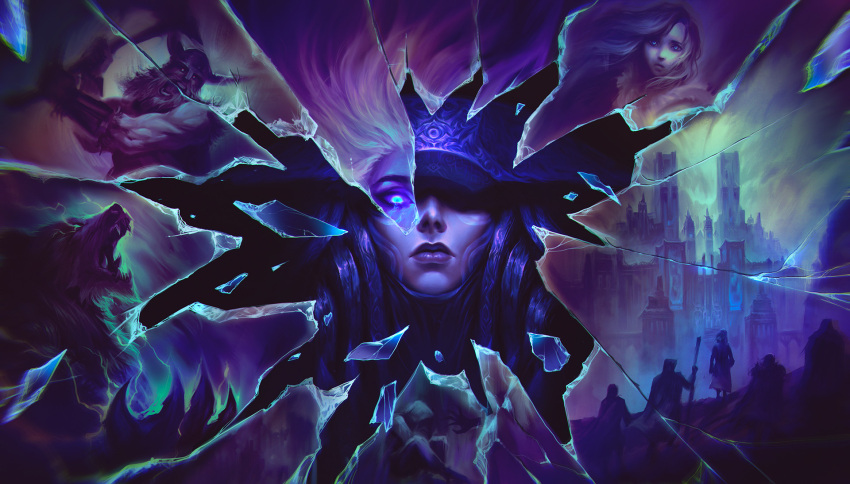 2boys 2girls ashe_(league_of_legends) axe bangs blue_eyes castle character_request check_character closed_mouth collaboration commentary fake_horns fangs glowing glowing_eye helmet highres holding holding_axe horned_helmet horns league_of_legends lissandra_(league_of_legends) long_hair looking_at_viewer multiple_boys multiple_girls olaf_(league_of_legends) open_mouth shiny shiny_hair sitting stootato_(crownsforkings) teeth volibear