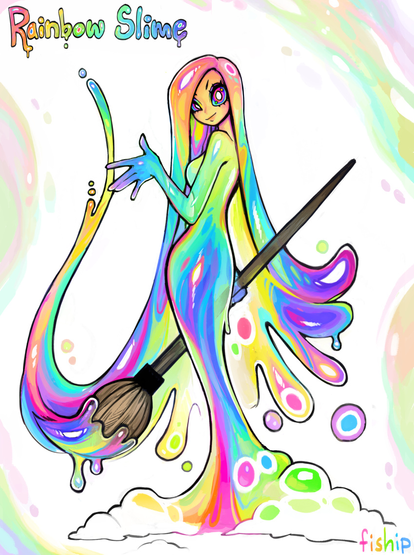 1girl \||/ absurdres artist_name blue_sclera colored_sclera colorful english_commentary english_text highres light_smile long_hair looking_at_viewer matilda_fiship monster_girl original paintbrush simple_background slime_girl solo very_long_hair violet_eyes white_background