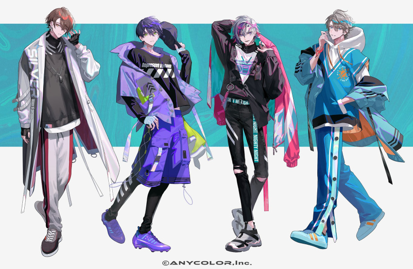 4boys backpack bag black_gloves black_jacket black_pants black_shirt blue_footwear blue_hair blue_pants blue_shirt brown_eyes brown_hair cleats collarbone fingerless_gloves fuwa_minato gloves grey_footwear grey_hair grey_jacket hand_in_pocket head_tilt highres jacket jewelry kagami_hayato kaida_haru kenmochi_touya lowro_(en) male_focus multicolored_hair multiple_boys necklace nijisanji off_shoulder official_art pants purple_footwear purple_hair purple_shorts shirt shoes shorts sneakers streaked_hair sweatpants torn_clothes torn_pants virtual_youtuber white_gloves