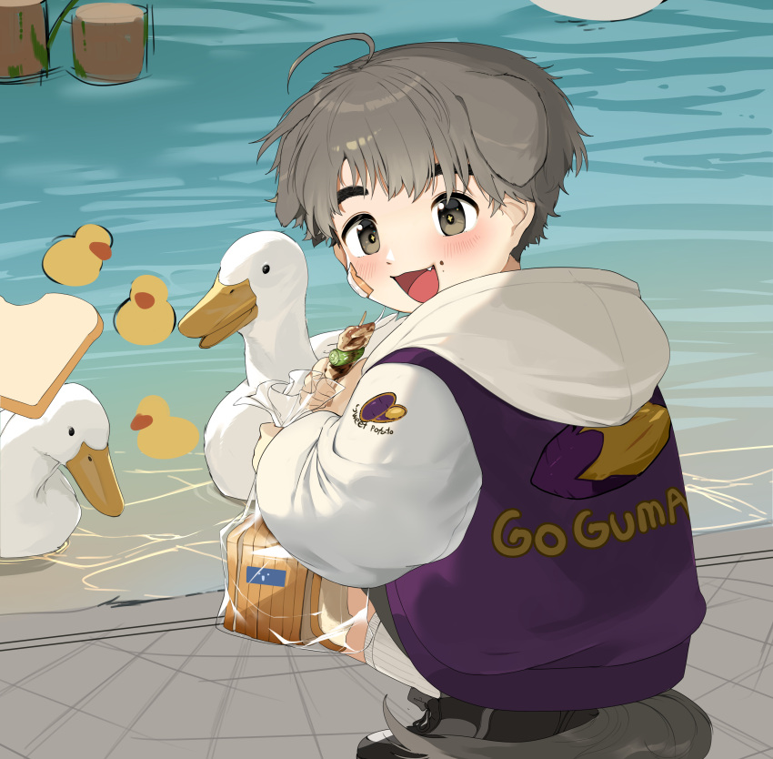 1boy absurdres bird bread_slice child chinese_commentary commentary_request day duck eating fed_by_viewer feeding food force-feeding highres jjongjjongmk2 male_focus morning open_mouth original outdoors short_hair sitting smile water